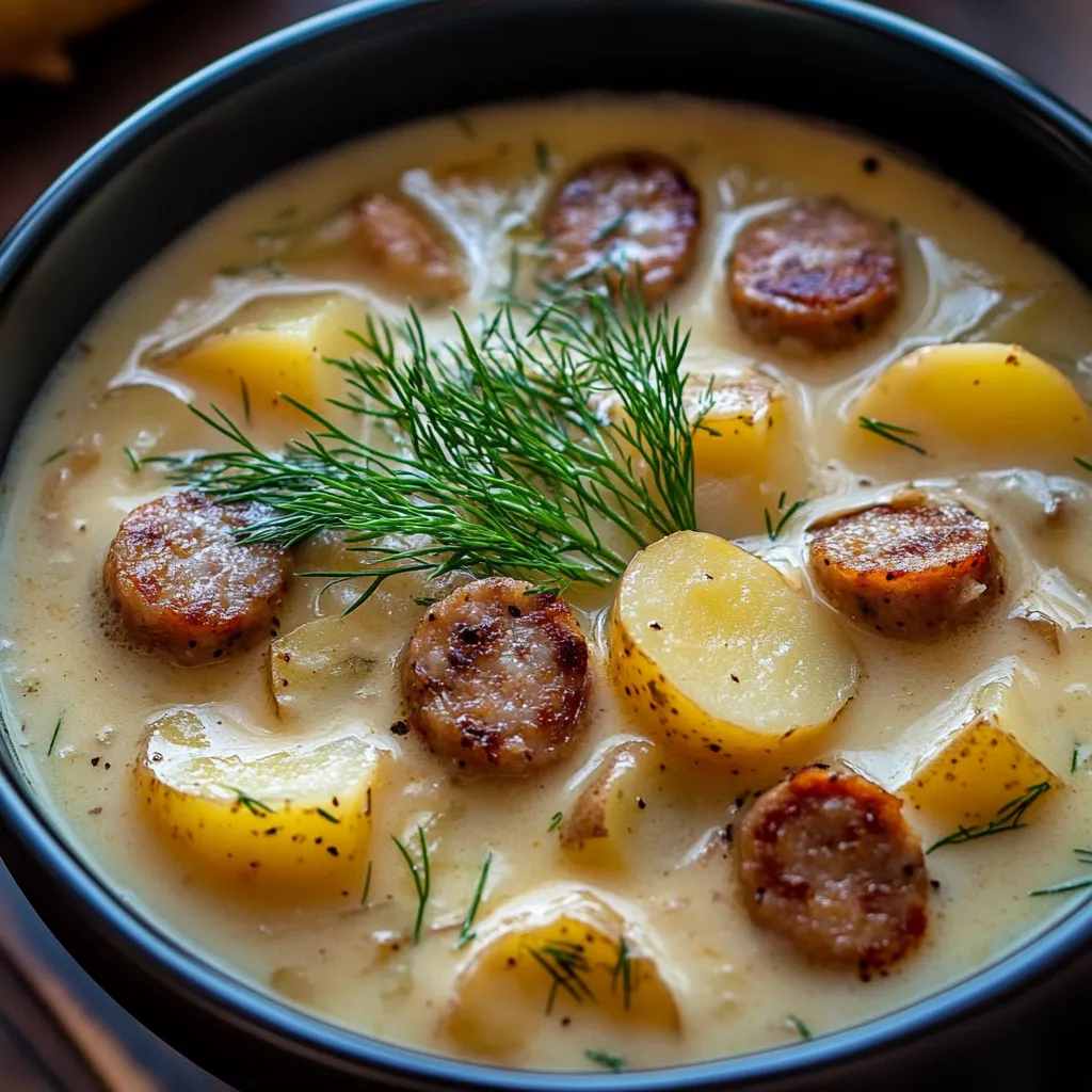 A bowl of soup with sausage and potatoes.