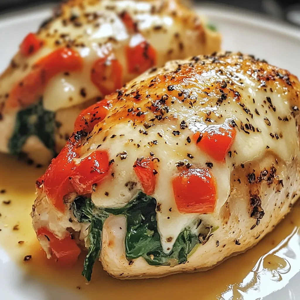 Two pieces of chicken with cheese and tomatoes.