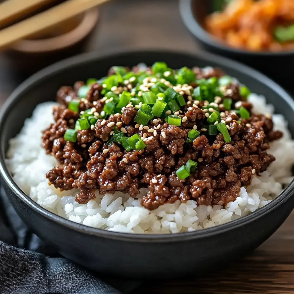A bowl of beef and rice with green onions.