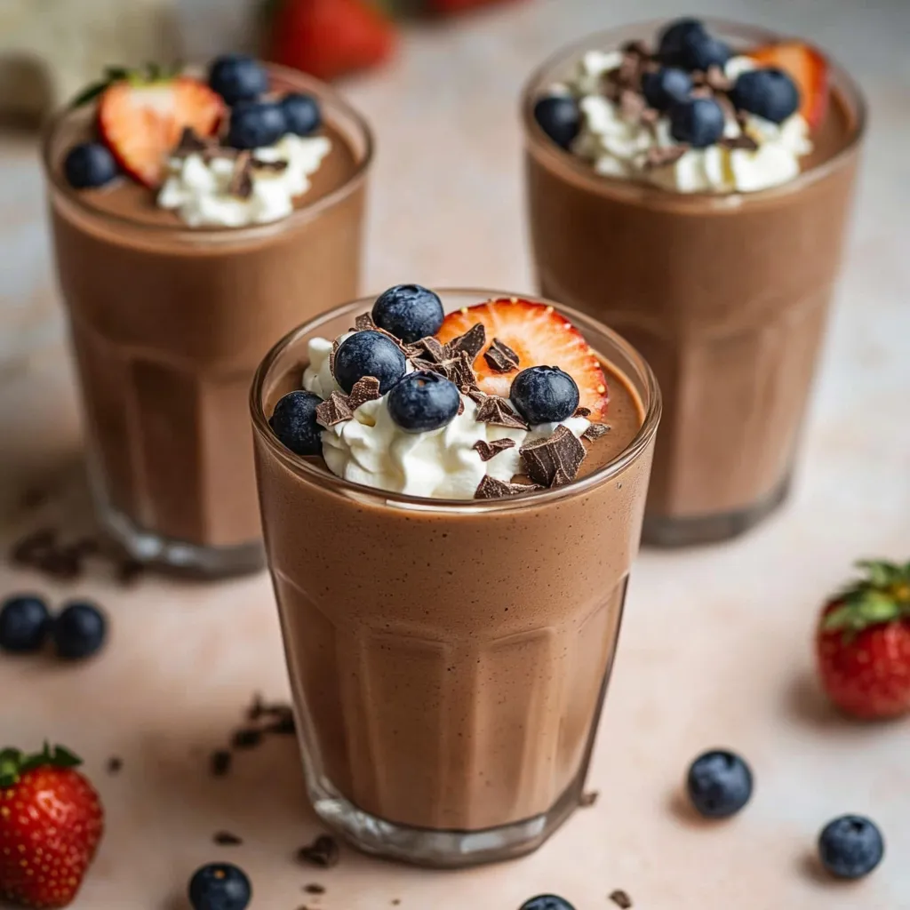 Three glasses of chocolate milk with blueberries on top.